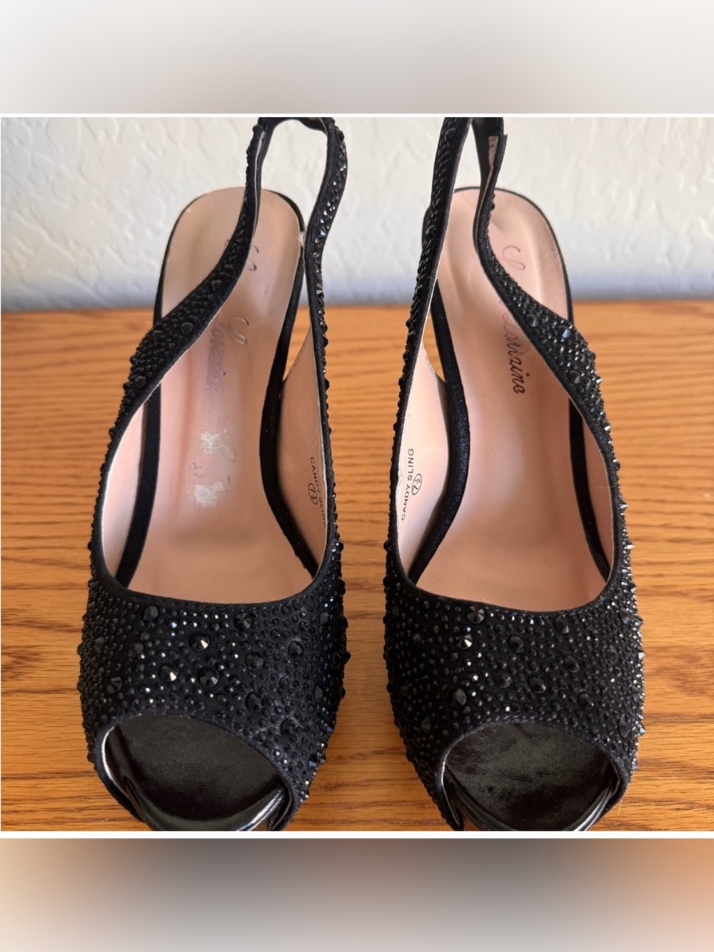 Lauren Lorraine Candy Sling Black Rhinestone Peep Toe Heels Size 7.5 - Picture 3 of 10